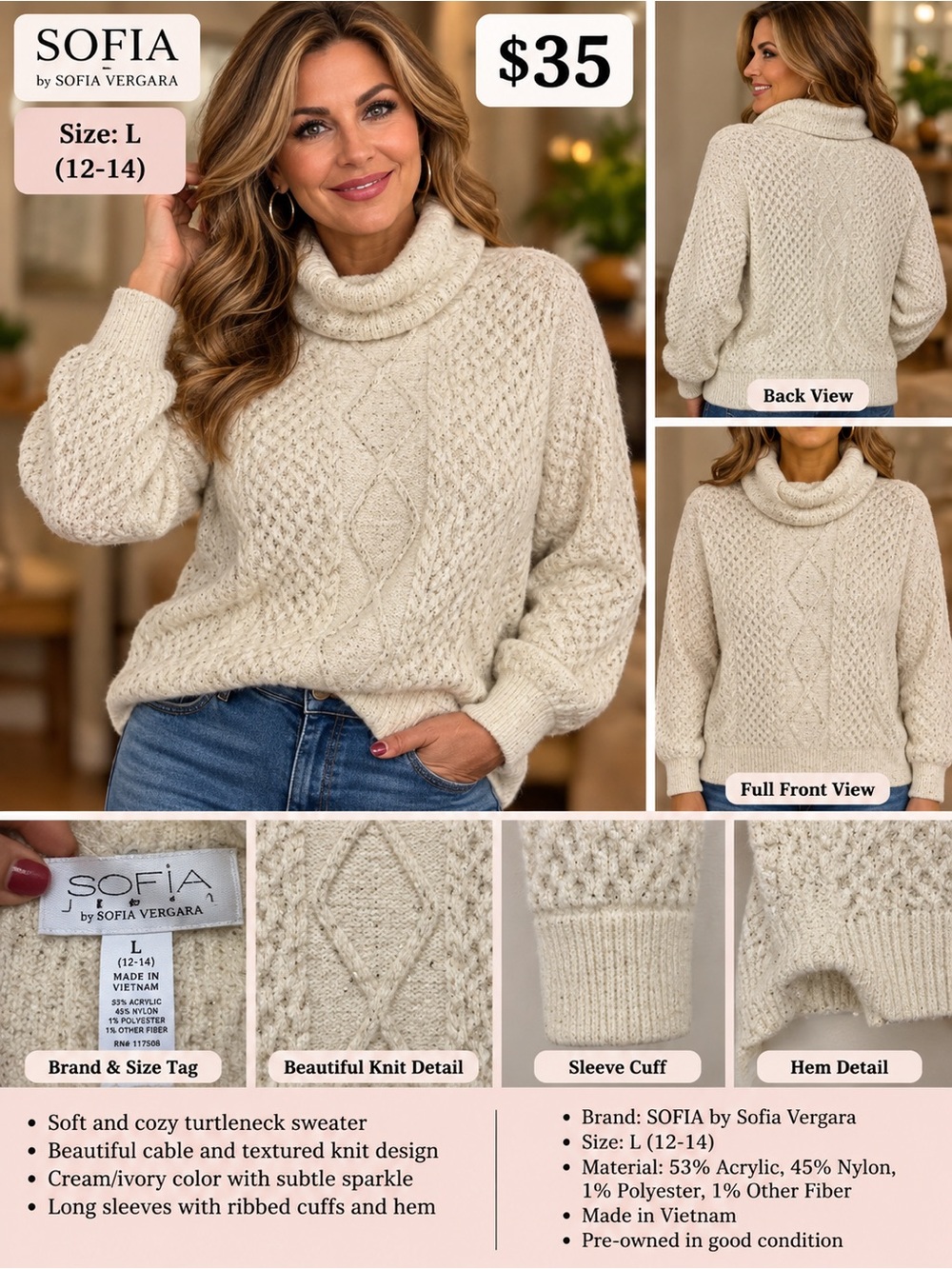 Sofia by Sofia Vergara Textured Cream Turtleneck Sweater